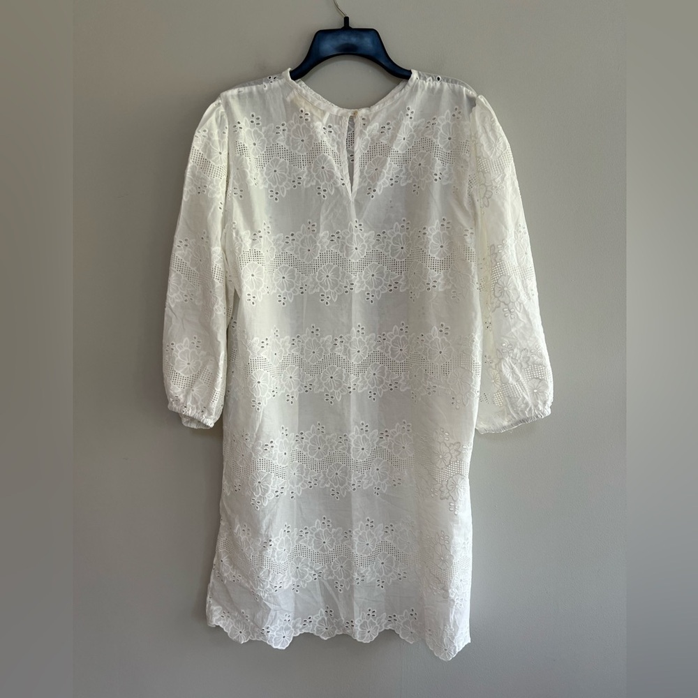 Natalie Martin Lisa Cotton White Eyelet 3/4 Balloon Sleeves Crew Neck Dress, XL - Picture 3 of 12